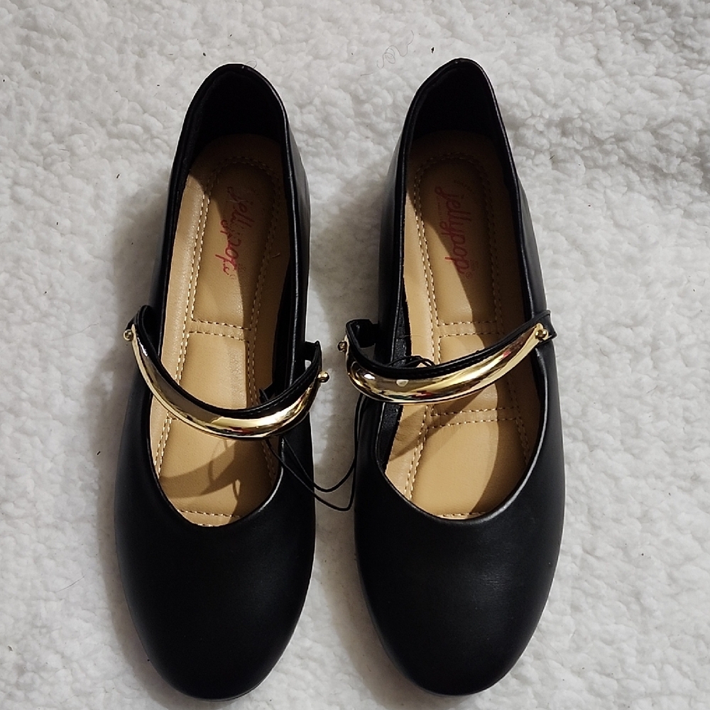 NWOT Jellypop Mary Jane/Ballet Flats Sz 9 Black With GOLD Hardware